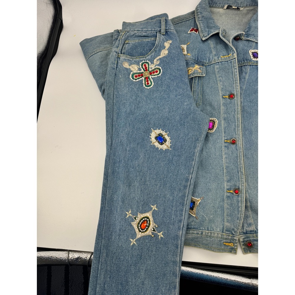 Vintage Cedars Denim Jacket Jeans Set Jeweled Beaded Women 28 Blue Crown - Picture 13 of 16